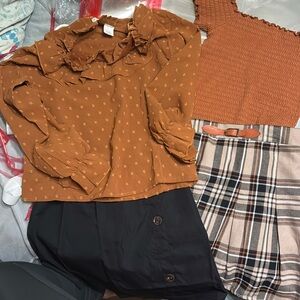 Orange Shoulder Top/ long sleeve top and Plaid Skirt Set